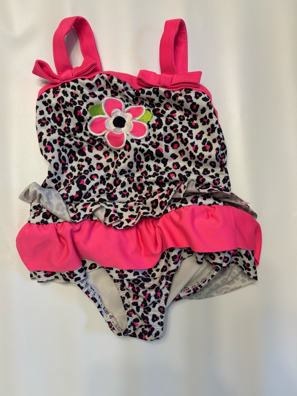 Kids Pink Leopard Ruffle Swimsuit with Flower Accent 2T